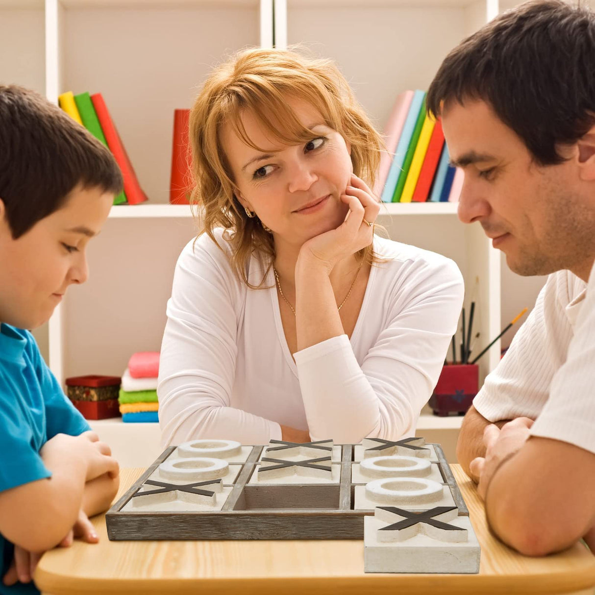 JEVERGN 12.6" Large Tic Tac Toe Game, Rustic Wooden Coffee Table Game, Wood Tic-tac-Toe Board Game with Decor, Family Games for Adult & Kids, Washed JEVERGN