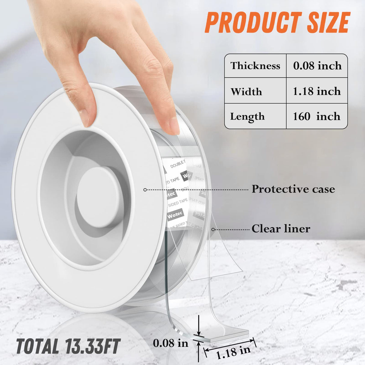 Extra Large Double Sided Tape Heavy Duty Removable 1.18 Inch x 160 Inch, Clear & Tough Nano Tape, Multipurpose Mounting Tape Picture Hanging Strips Wotec