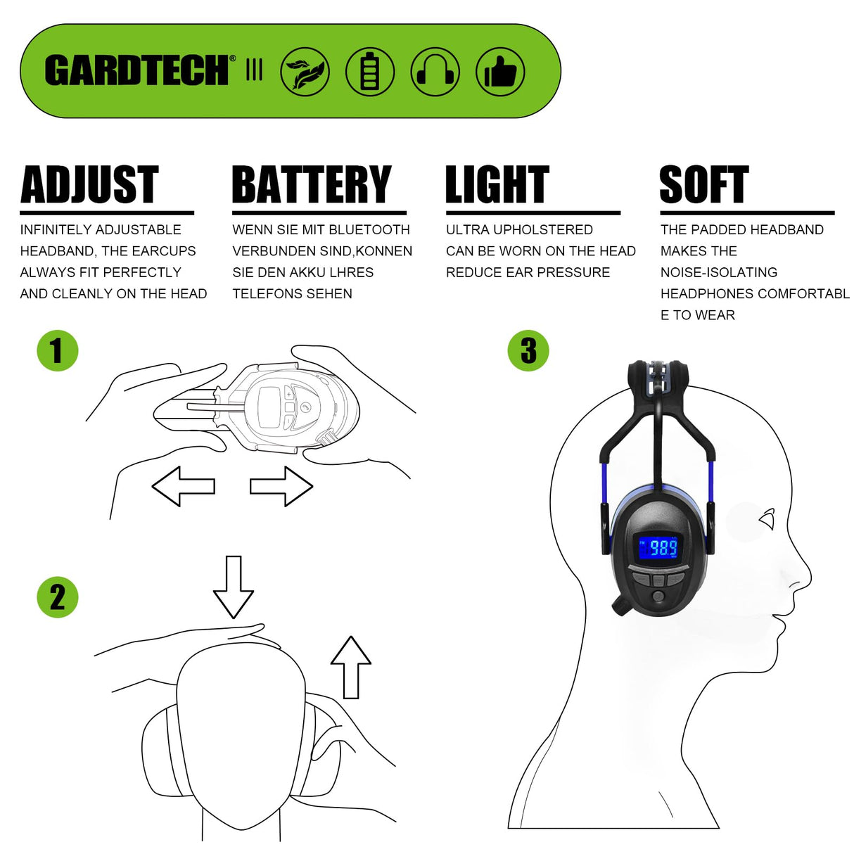 Gardtech Hearing Protection with Bluetooth, FM Radio Earmuffs, NRR 29dB Hearing Protection Headphones Noise Cancelling Headphones with MP3 for Mowing Gardtech
