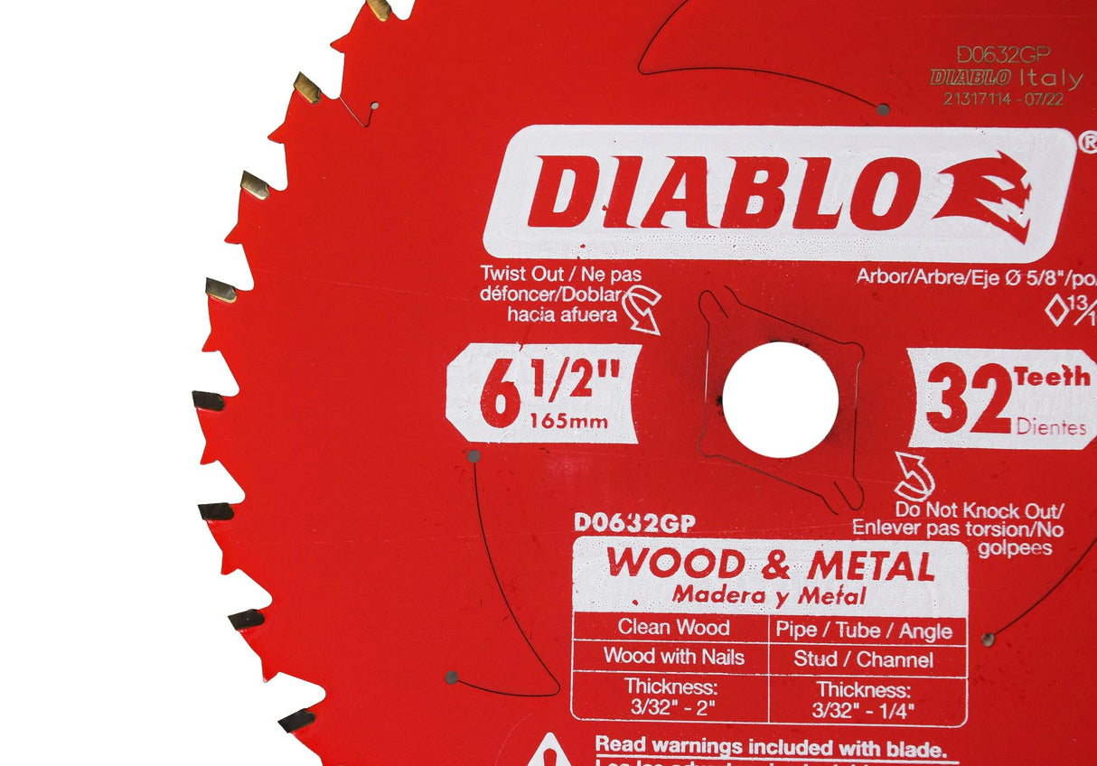 Diablo D0632GPX2 6-1/2" x 32 Tooth Wood and Metal Carbide Circular Saw Blade (2 Pack) Diablo