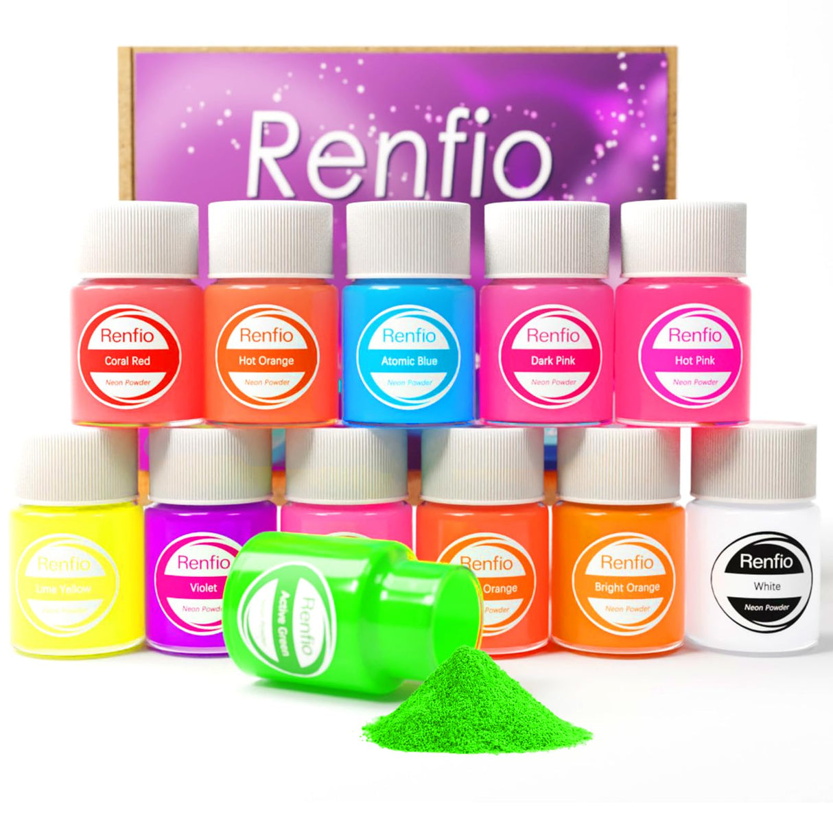 Renfio Neon Pigment Powder, 12 Colors Neon Mica Powder, 10g/Jar Bright Fluorescent Nail Glitter Powder for Nail Art, Candle Dye, Epoxy Resin, Soaping Renfio