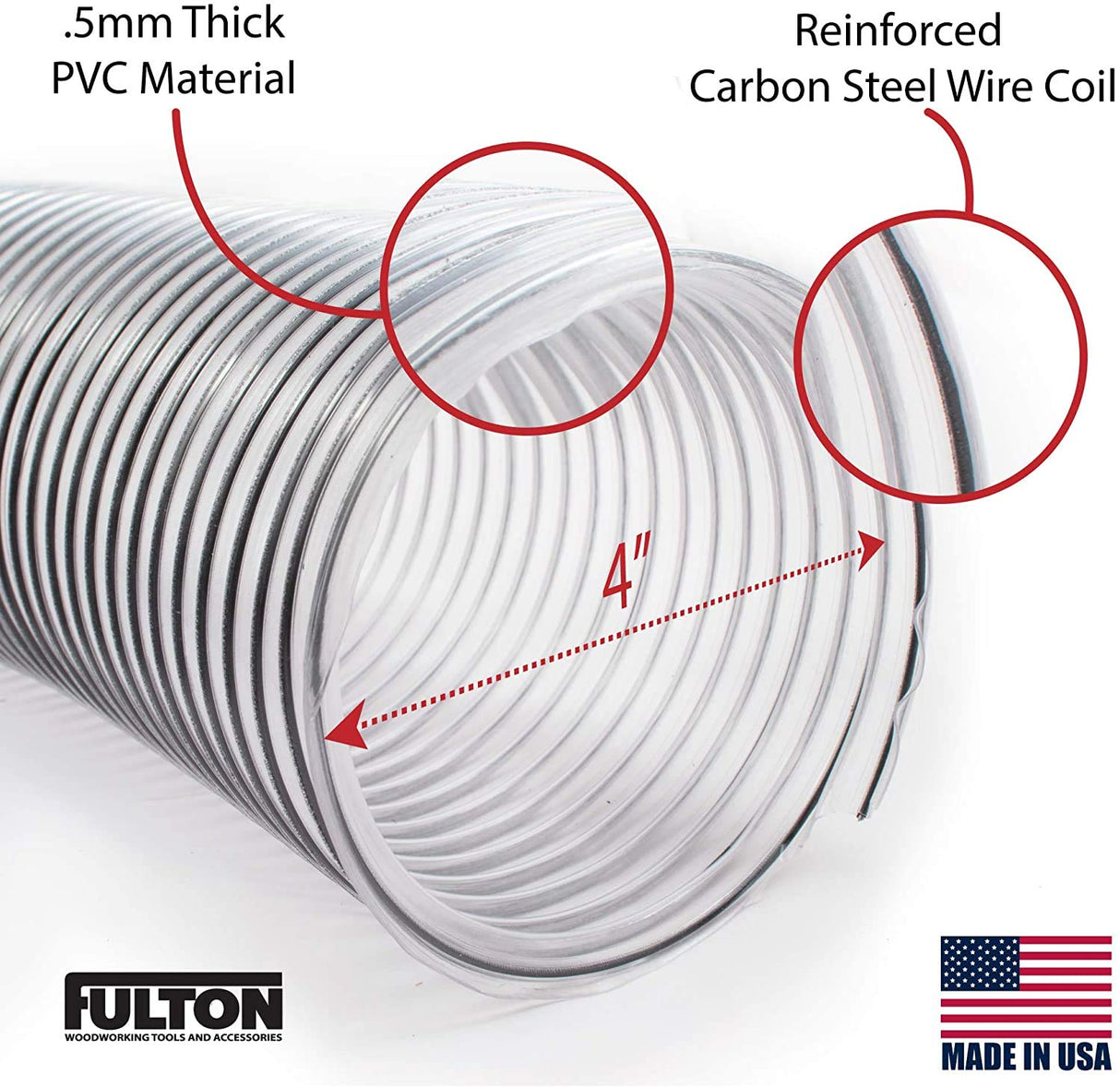 4" x 20’ Ultra Flex Clear Vue Heavy Duty PVC Dust Debris and Fume Collection Hose MADE IN USA! Fulton Woodworking Tools