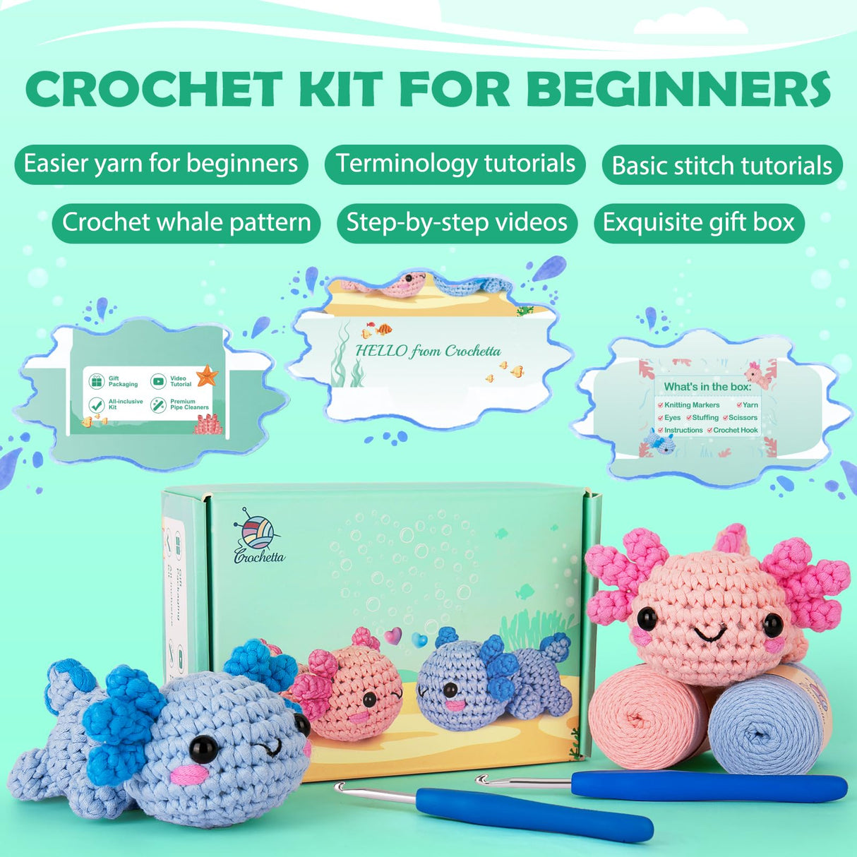 Crochet Kit for Beginner, Crochet Starter Kit w Step-by-Step Video Tutorials, Crochet Kit for Beginners, Beginner Crochet Kit for Adults Kids Women Crochetta