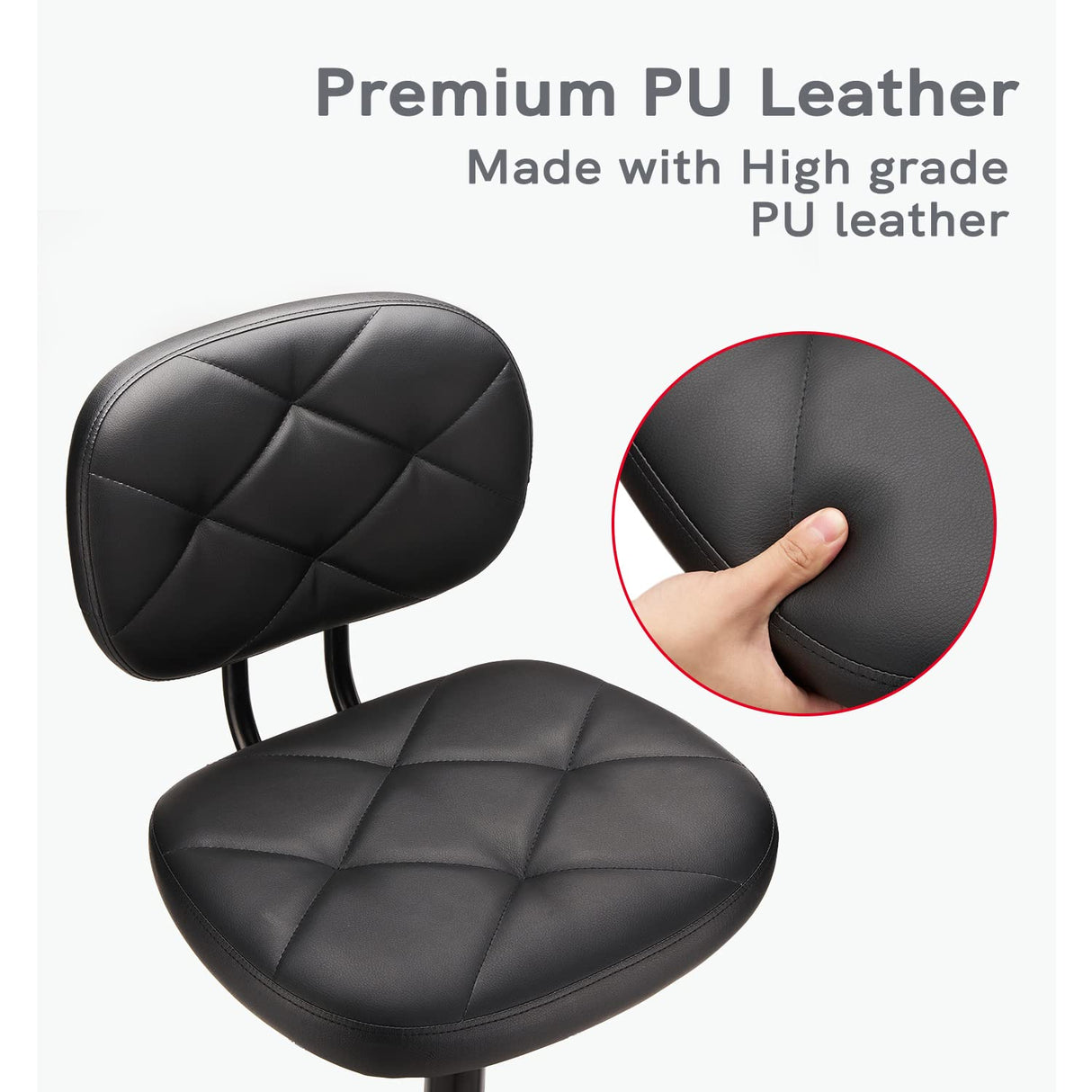 KLASIKA PU Leather Rolling Stool with Foot Rest and Back Support, Adjustable Diamond Upholstered Drafting Chair with Wheels, Multi-Purpose Desk Chair KLASIKA