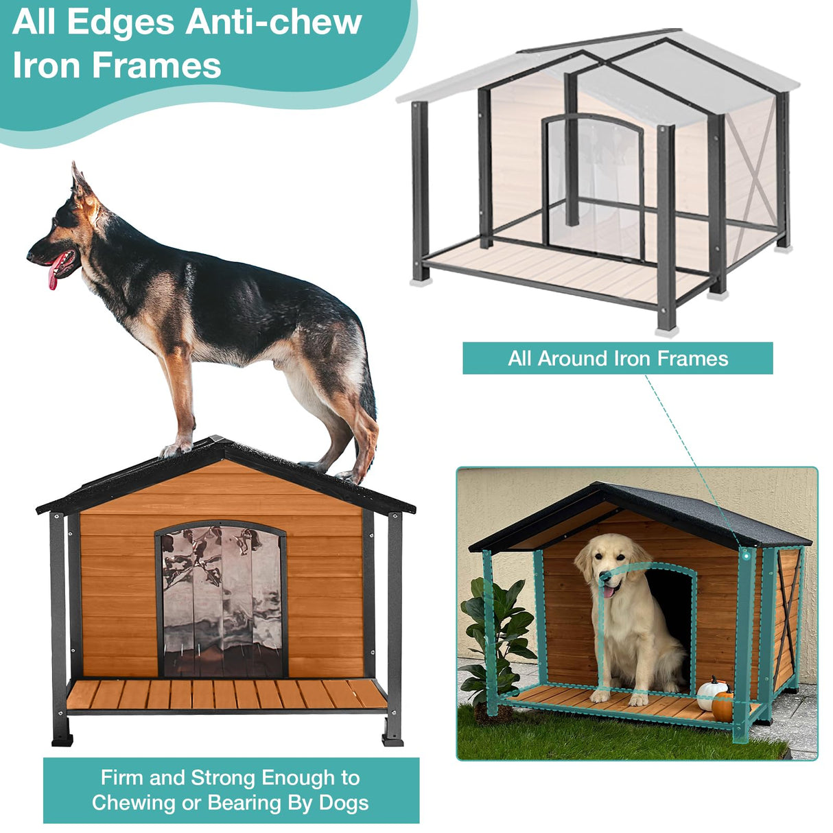 Suumerpety Outdoor Dog House,Weatherproof Wooden Dog Shelter for Small to Medium Sized Dogs,Iron Frame Indoor Outdoor Doghouse,Puppy Kennel,Pets Warm Suumerpety