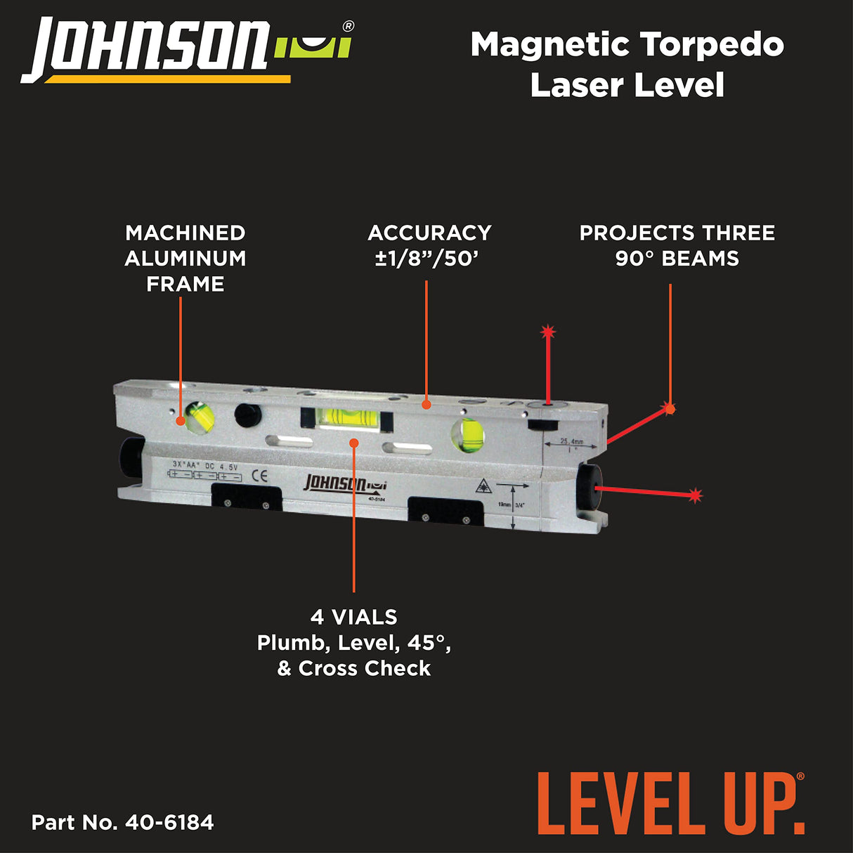 Johnson Level & Tool 40-6184 Magnetic Torpedo Laser Level, Silver & Black, 1 Laser Level Johnson
