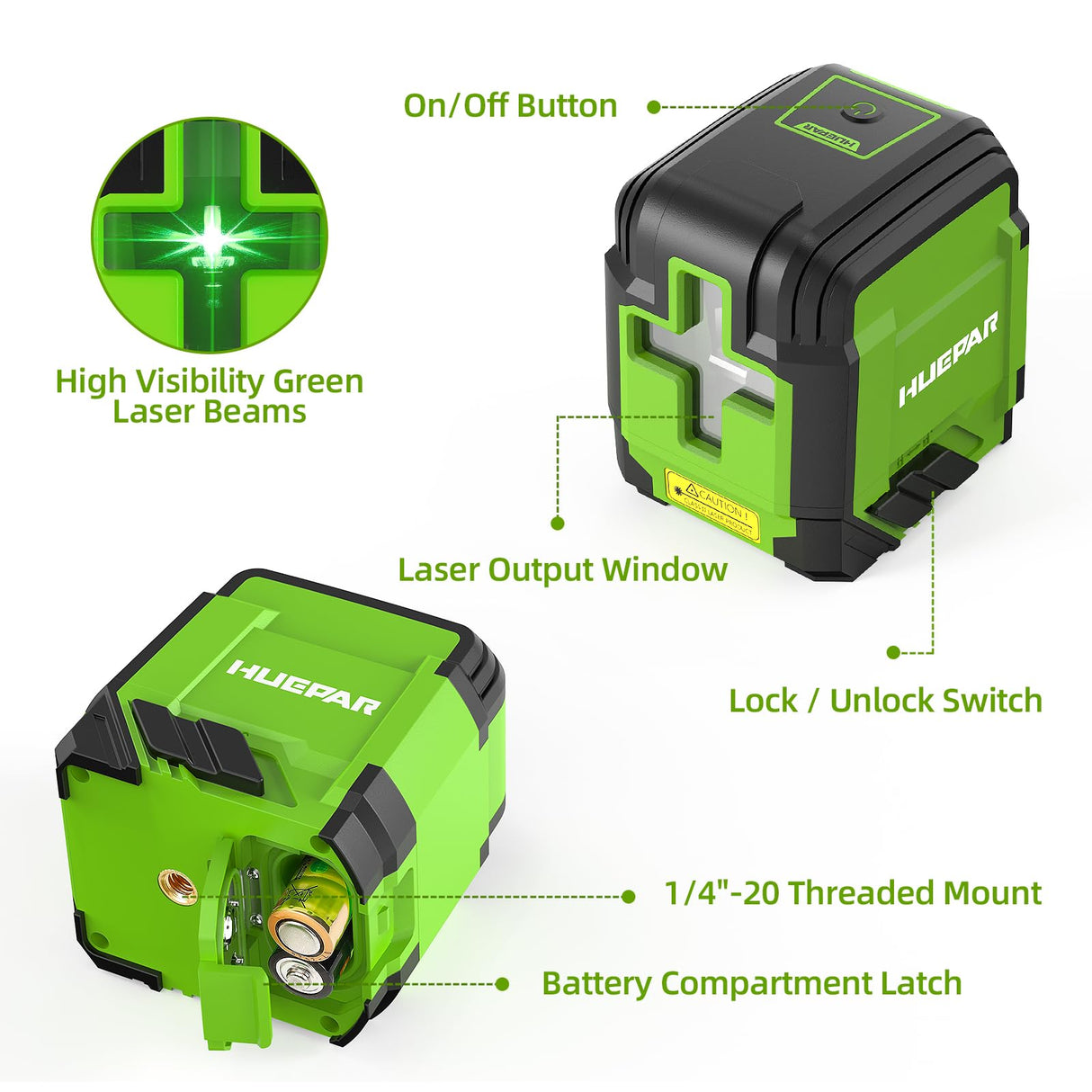 Laser Level Self Leveling with Tripod, Huepar 98Ft Green Cross Line Laser Level Accurate Measurement Tool for Tile, Picture Hanging, Construction Huepar