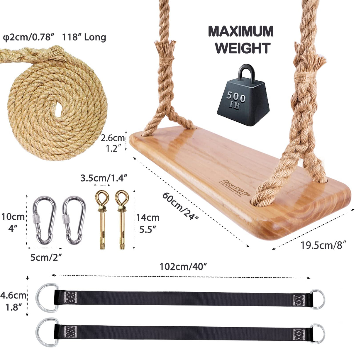 Premkid Hanging Wooden Swing, Swing Seat 24"x 8"x 1.2", Tree Swing for Adults Kids with 500lbs Load, Adjustable Hemp Rope Plus Tree Straps 100 inch, Premkid