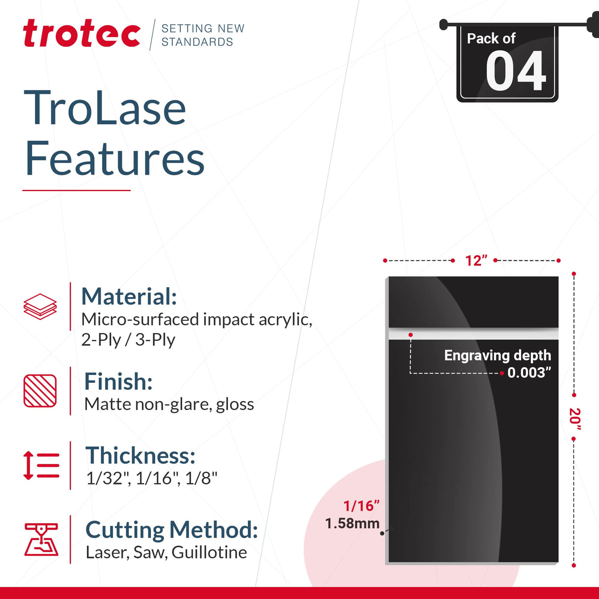 Trotec TroLase | 12"x20"x1/16", 4 Pcs | Gloss Black/White | 2 Ply | Modified Acrylic | Laser Engraving Double Color Plastic Sheet | Engraving Blanks TROTEC