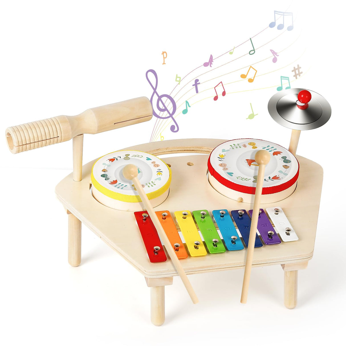 Hilifexll Kids Drum Set for Toddlers 1-3, Baby Preschool Musical Toys 7 in 1 Montessori Instruments Set Wooden Music Toy Baby Drum Kit Xylophone Hilifexll