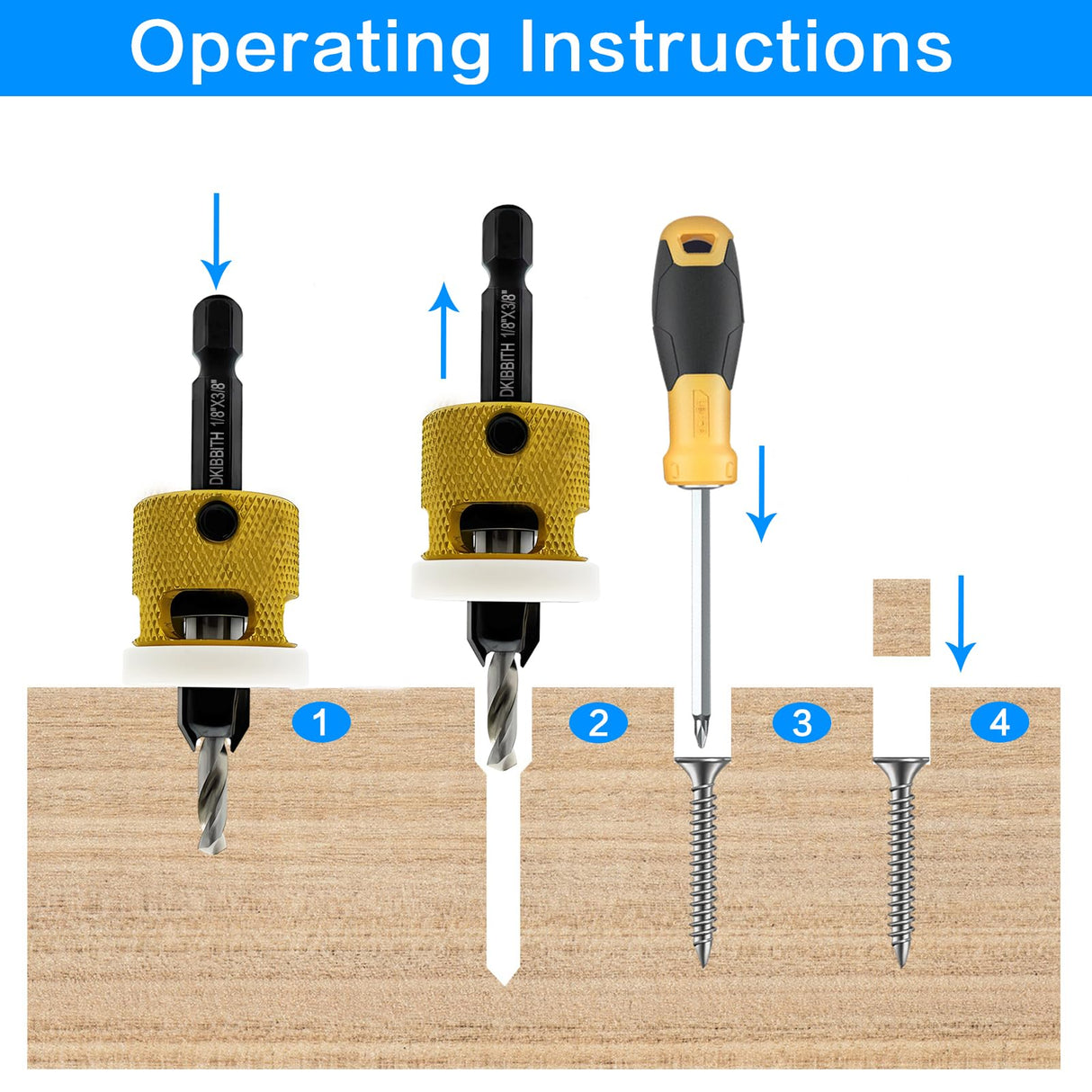 3 Pcs Countersink Drill Bit Set, HSS M2 Tapered Bits #10#12#14-1/8" 9/64" 5/32" Drill, 3/8” 82° Counter-Bore, 1/4” Hex Shank, with Adjustable Depth - WoodArtSupply