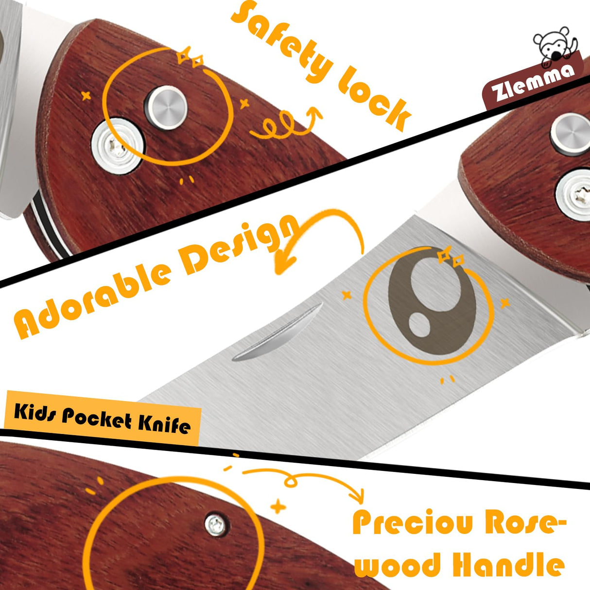 ZLemma Kids Pocket Folding Knife with Safety Rounded Tip, Made Of Japanese Stainless Steel and Rosewood, Children’s First Folding Knife With Sharp ZLemma
