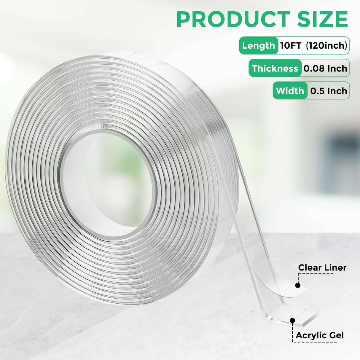 CREGEAR Double Sided Tape Heavy Duty (10 FT/120in), Transparent Nano Tape, Clear Mounting Tape Strong Adhesive Strips, Multipurpose Wall Hanging CREGEAR