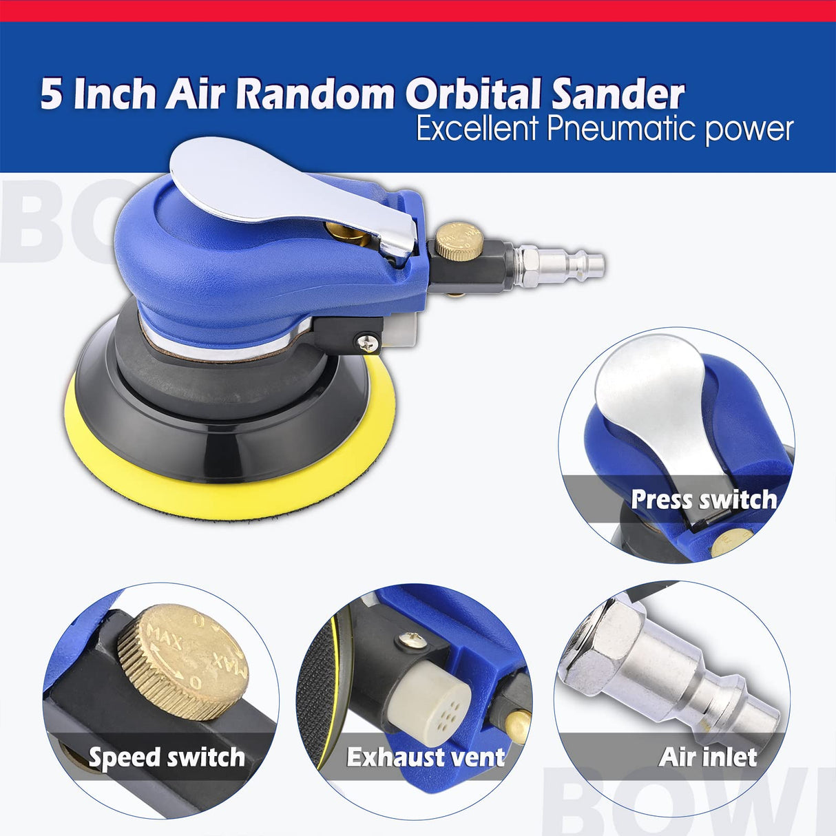 5 Inch Air Random Orbital Sander, Pneumatic Palm Sander tool with 10 Pcs Sandpapers, Air Sanders For Auto Body Work By Bowd BOWD