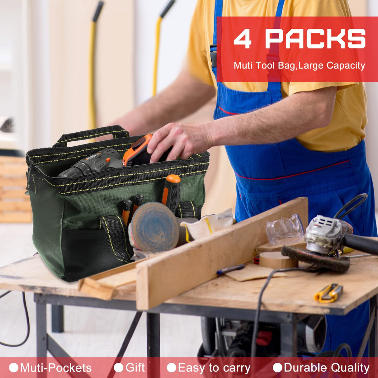 4 Pieces Tool Bag with Waterproof Strong Molded Base Multi Pockets Wide Mouth Tool Tote Multifunctional Tool Bag Large Capacity Organizer Heavy Duty Cunno