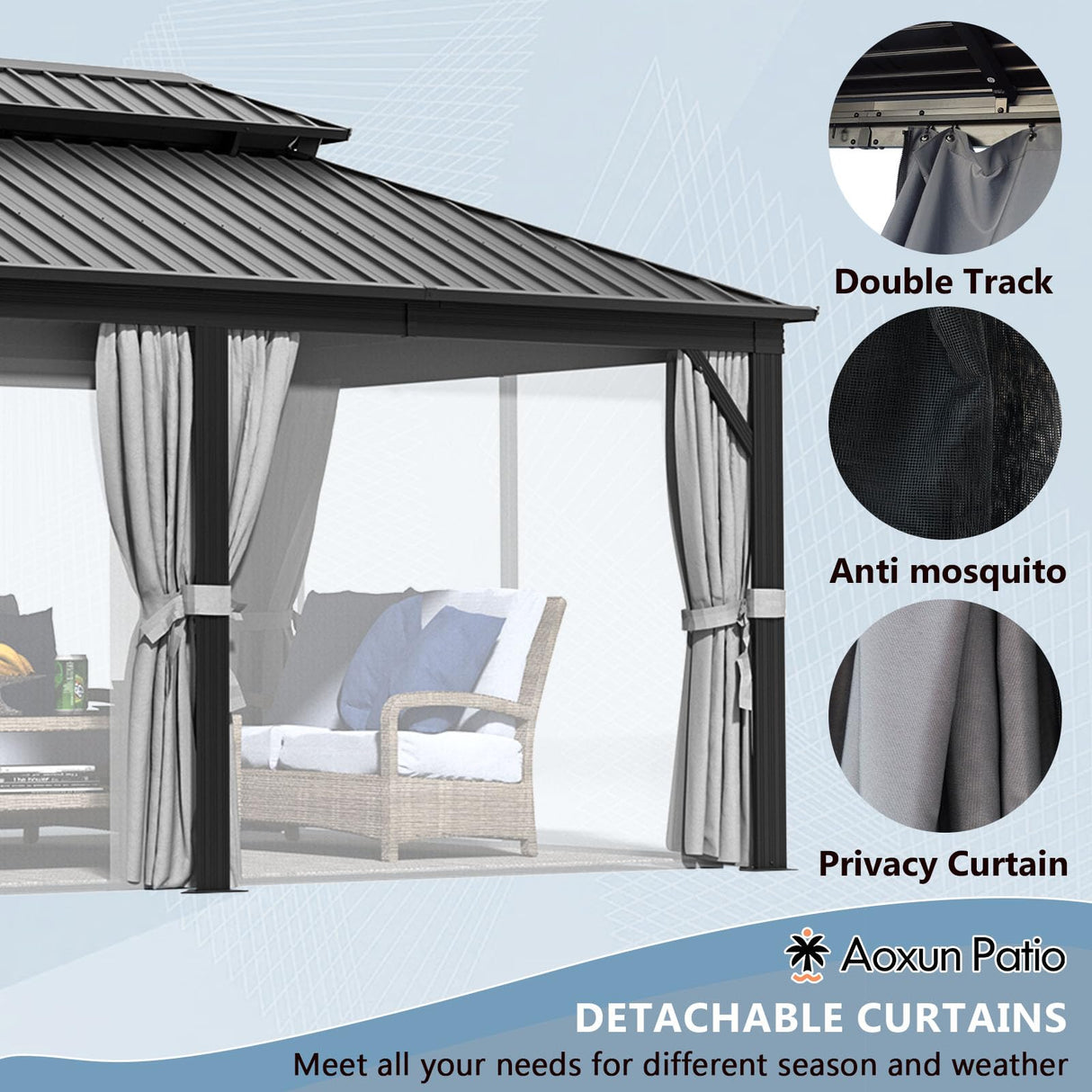Aoxun 12' X 20' Hardtop Gazebo, Galvanized Steel Double Top, Aluminum Metal Gazebo with Curtains and Netting, Permanent Gazebo Pavilion for Wedding, Aoxun