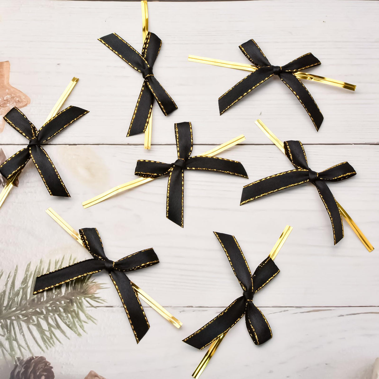 WANDIC Black Small Bows, 200Pcs Satin Twist Tie Bows with Golden Lace Christmas Halloween Mini Bow Pretied Bows for Gift Package Craft Candy Cookie WANDIC