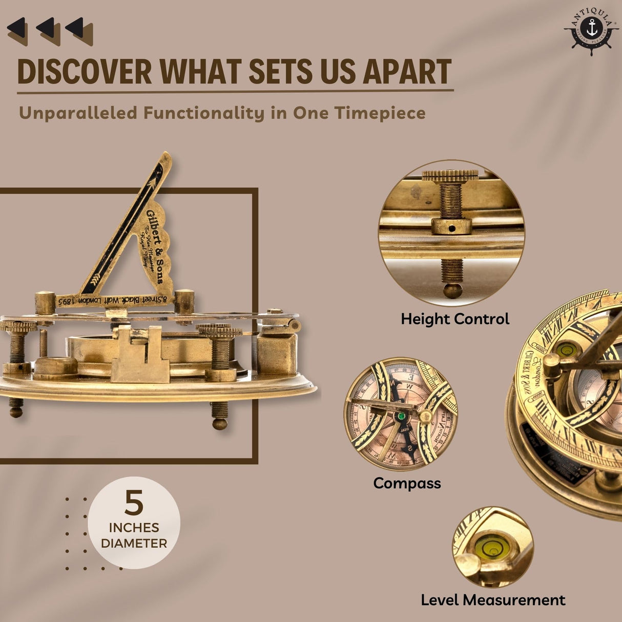 Antiqula 5 inch Large Sundial Compass with Wooden Rosewood Box, Perfectly Calibrated Steampunk Antique Brass Sundial Clock with Chart for Guidance, Antiqula