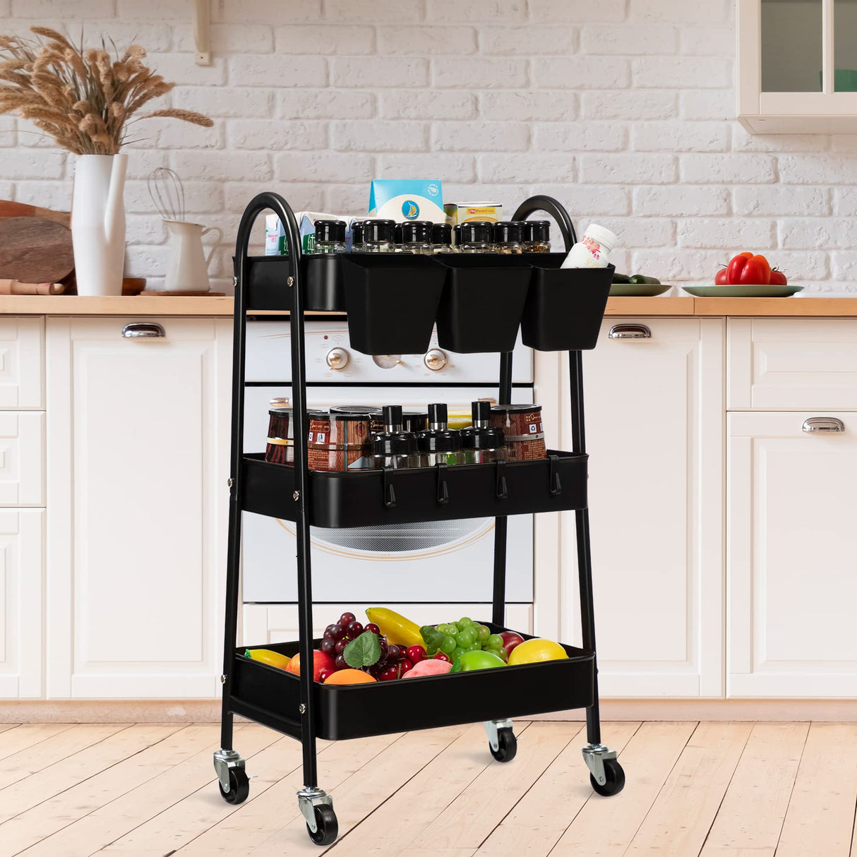 danpinera 3-Tier Rolling Cart, Metal Rolling Storage Cart with Lockable Wheels & Hanging Cups & Hooks, Mobile Trolley Cart for Kitchen, Bathroom, danpinera