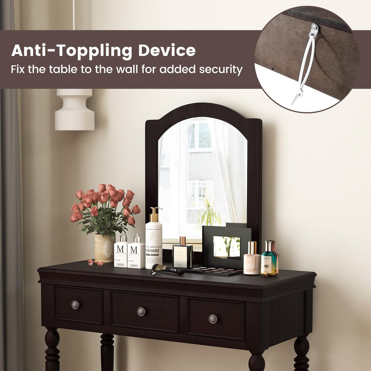 CHARMAID Makeup Vanity Desk with Mirror and Stool, 34'' Wide Vanity Table Set with Large Mirror, 3 Drawers, Cushioned Stool, Solid Wood Legs, Bedroom CHARMAID