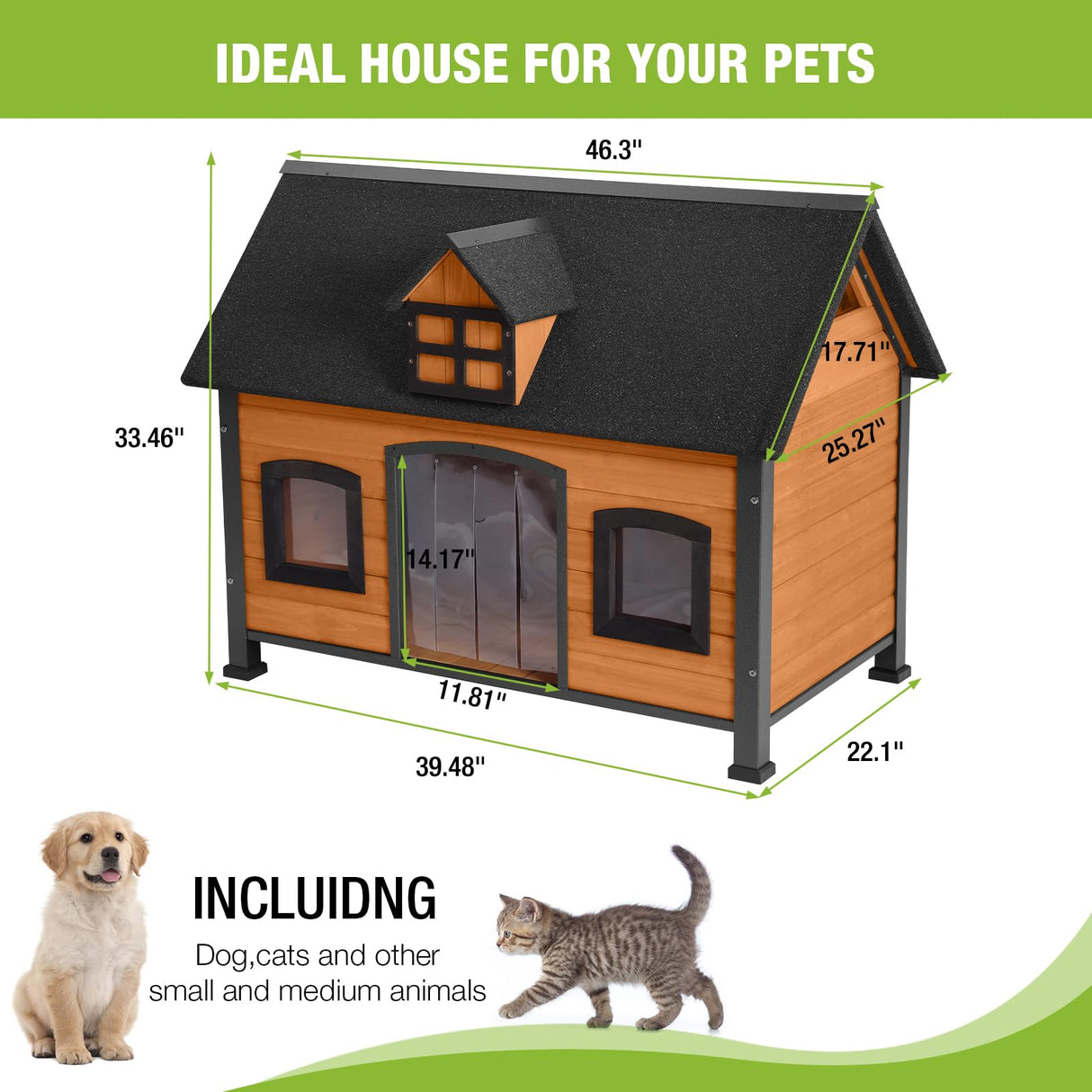 GUTINNEEN Dog House Metal Frame Outdoor Cat House Wooden Dog Kennel for Winter Weatherproof GUTINNEEN