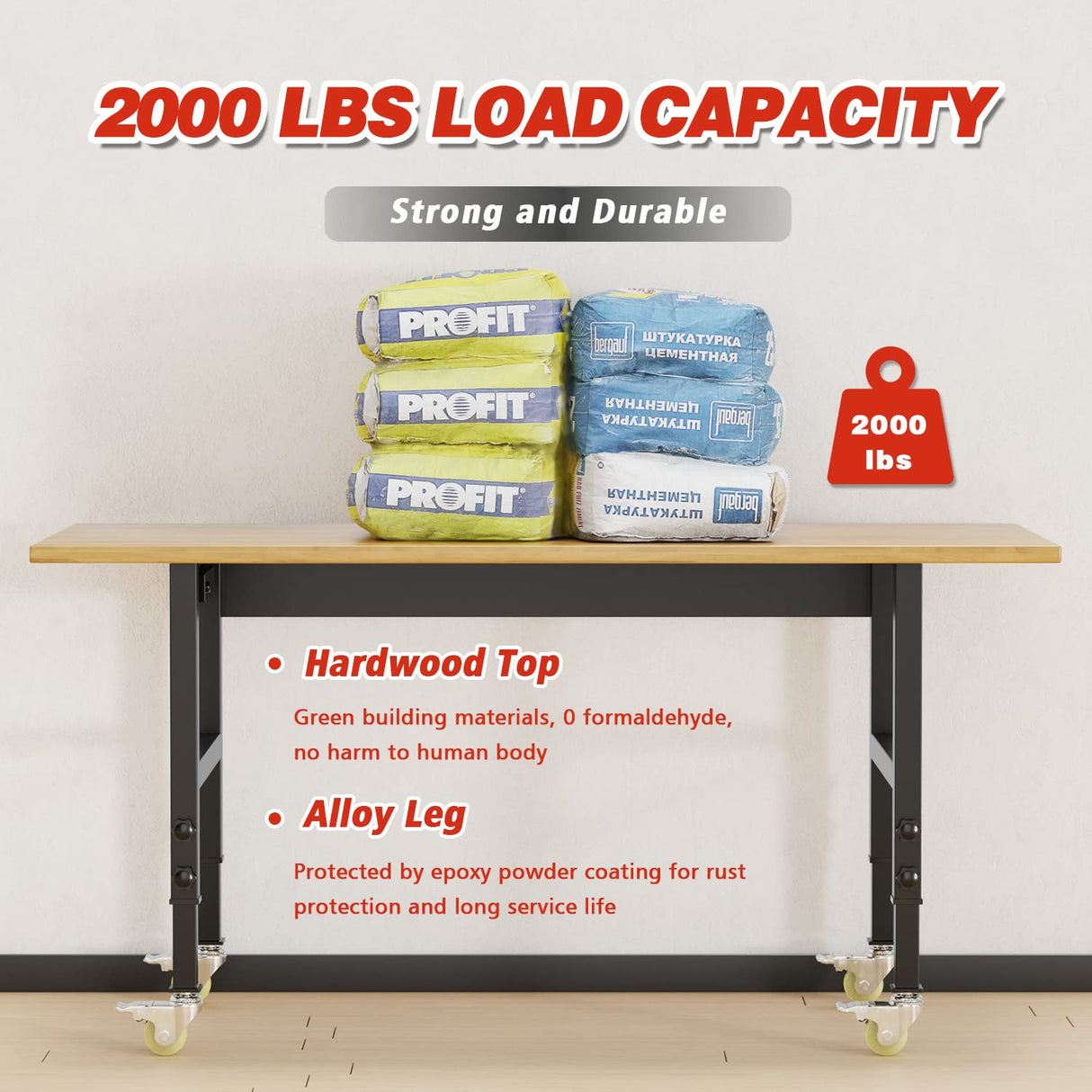 60" Adjustable Workbench with Power Outlets, Rubber Wood Top Heavy-Duty Work Table, 2000 LBS Load Capacity Hardwood Workbench with 4 Lockable Wheels SGmory