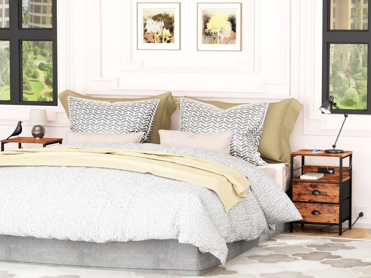 Furologee Nightstand Set of 2, Rustic Brown, with Charging Station and USB Ports, Side Tables with 2 Fabric Drawers, Bedside Tables with Storage Furologee