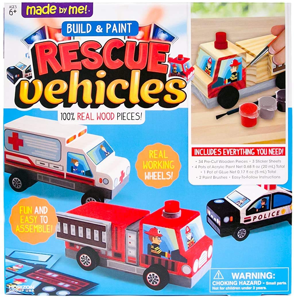 Made By Me Build & Paint Rescue Vehicles, Paint Your Own Firetruck, Police Car & Ambulance, DIY Wooden Vehicles, Great Weekend Activity, Car Birthday Made By Me