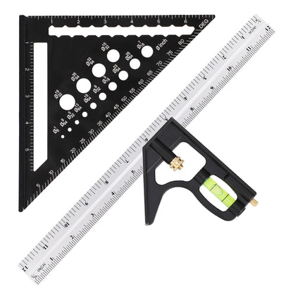 FEETE 12 inch Combo Square & Rafter Square Set, Aluminum Combination Square with Level Bubbles & 2 Pencils for Woodworking, 45 Degree Angle Cutting