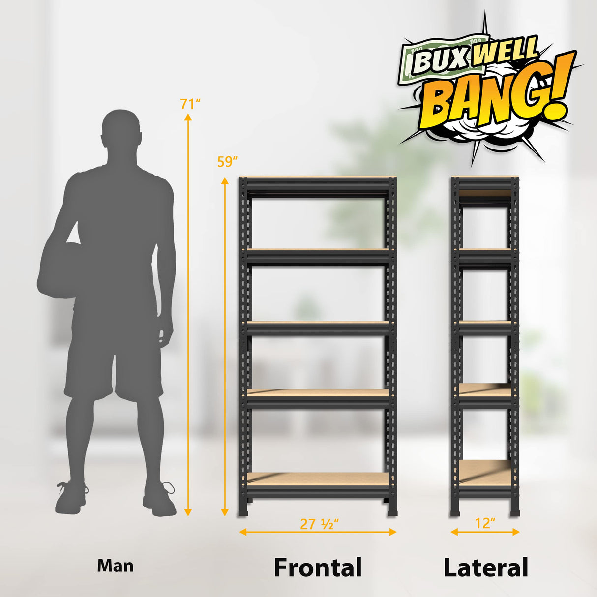 BuxWellBang 5-Shelf Heavy Duty Shelving - Adjustable Garage Storage Shelves, Metal Utility Storage Racks for Warehouse Pantry Basement Kitchen, BuxWellBang