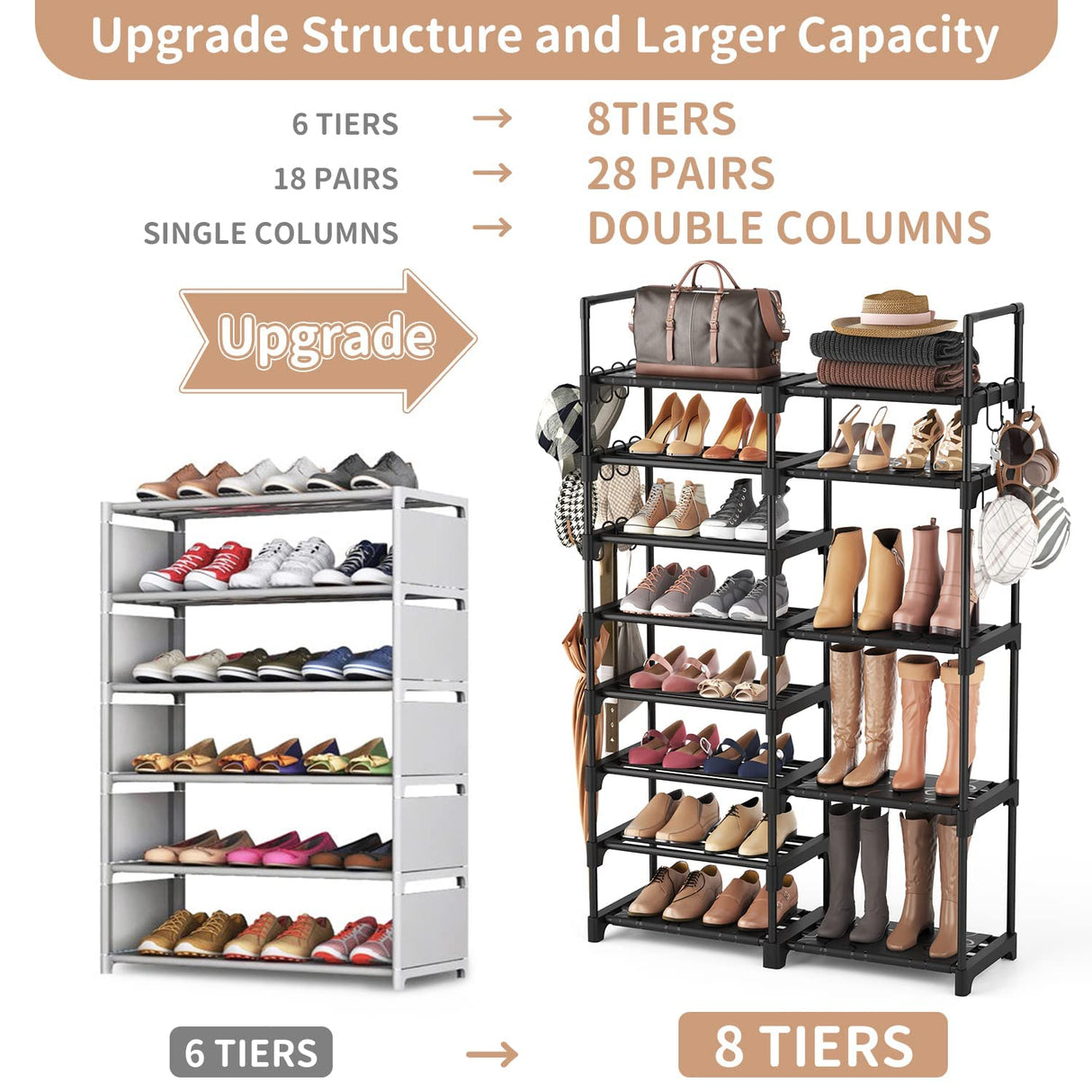 ROJASOP Shoe Rack Organizer, 8-Tier Metal Shoe Rack for Closet Entryway Garage, 26-32 Pairs Tall Shoe Boot Storage Shelf with 15 Hooks, Stackable ROJASOP