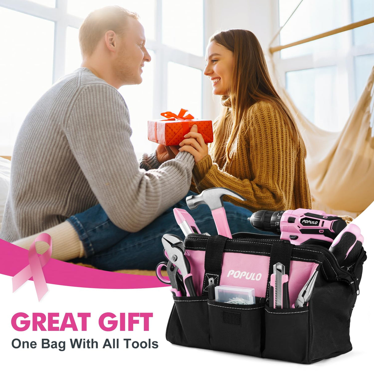POPULO Pink Tool Kit 236-Piece with Cordless 20V 2000mAh Power Drill Driver, Lady's Basic Home Tool Set with 12-Inch Pink Tool Bag, Electric Drill populo