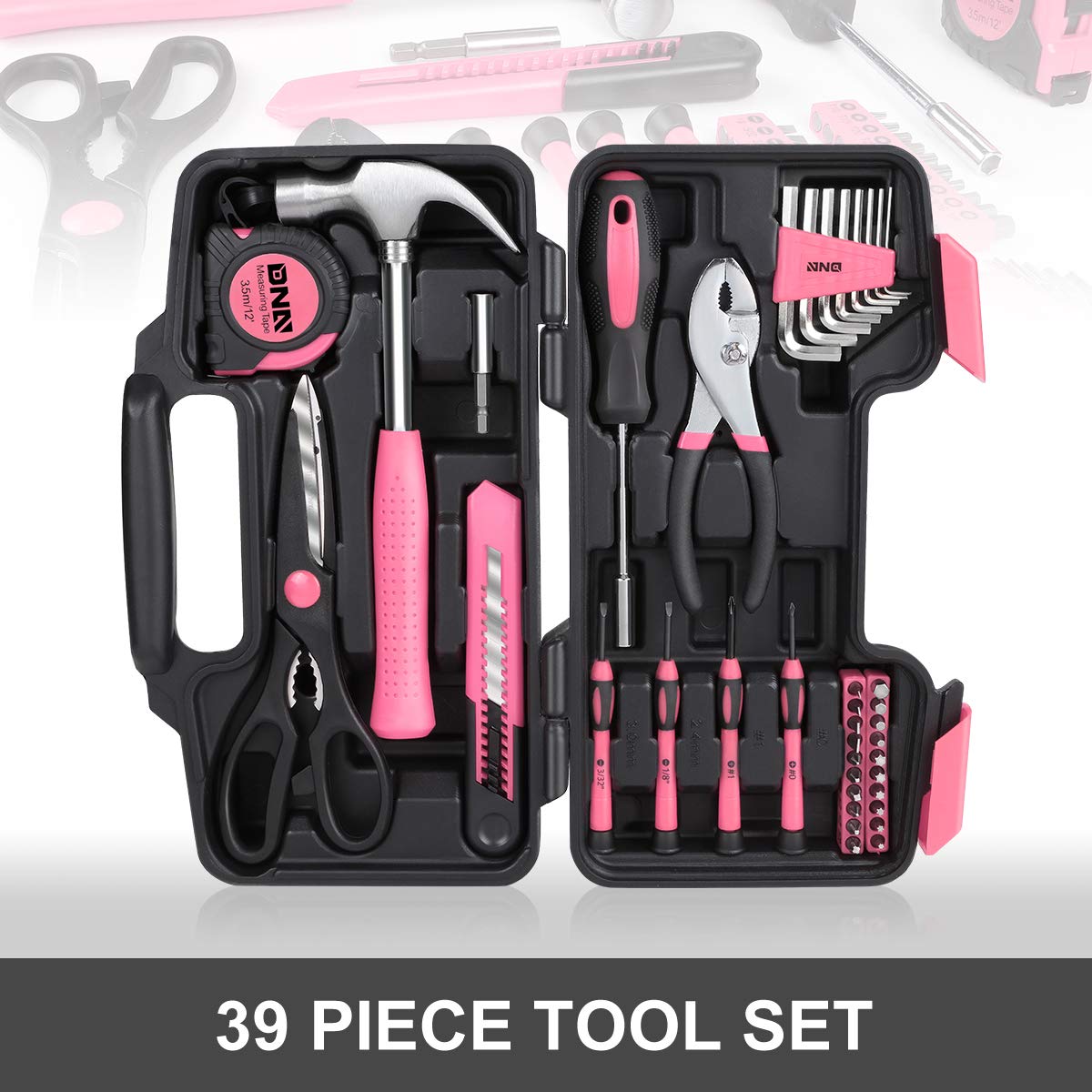 DNA MOTORING 39-Piece Household Tool Set General Repair Small Hand Tool Kit Storage Case for Home Garage Office College Dormitory Use, Pink, DNA MOTORING