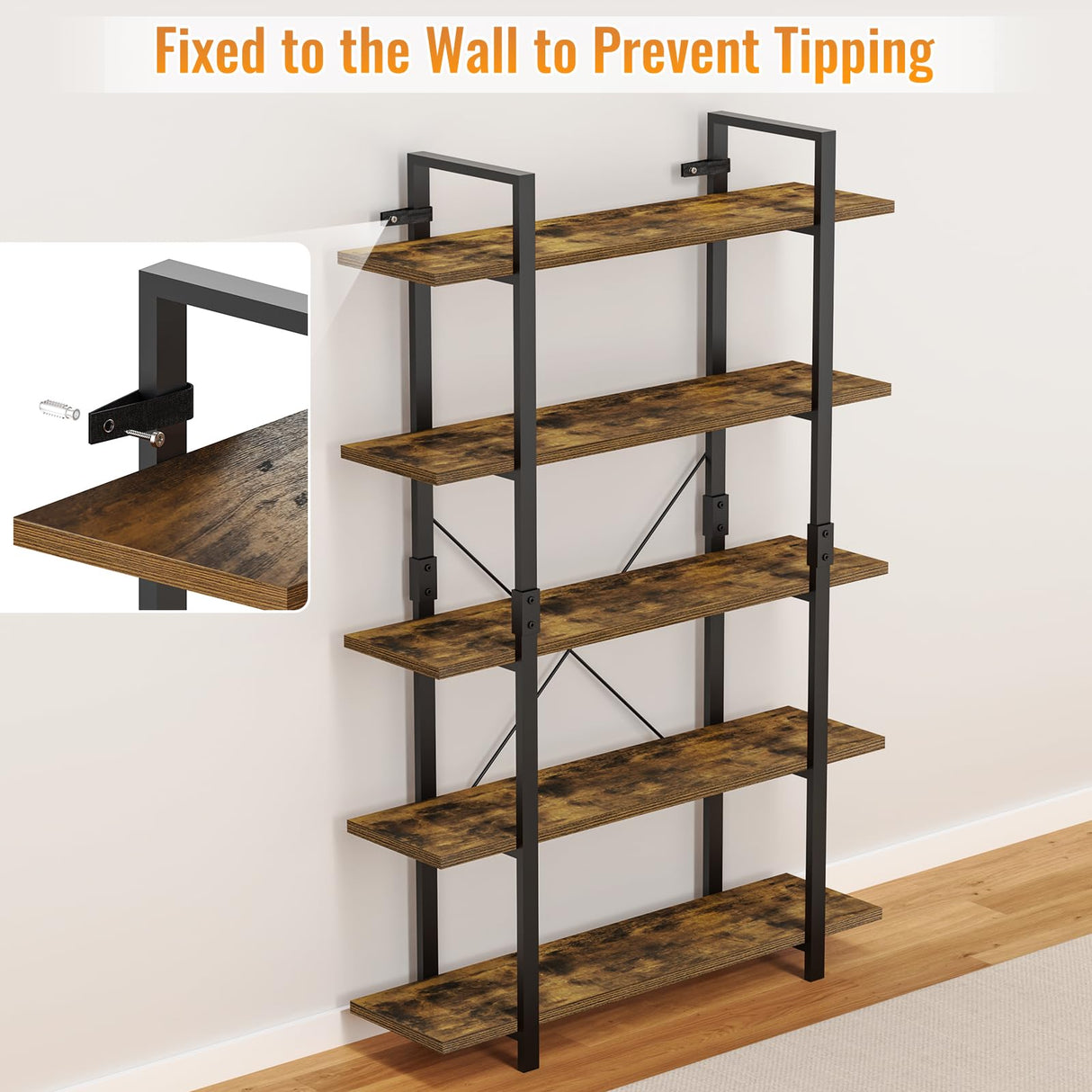 FRAPOW 70-Inch Rustic Brown 5-Tier Industrial Bookshelf with Metal Frame FRAPOW
