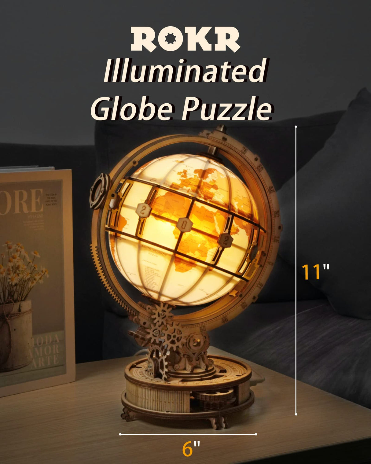 ROKR LED Illuminated 3D Wooden Globe Puzzle - Model Building Kit for Adults and Teens ROKR