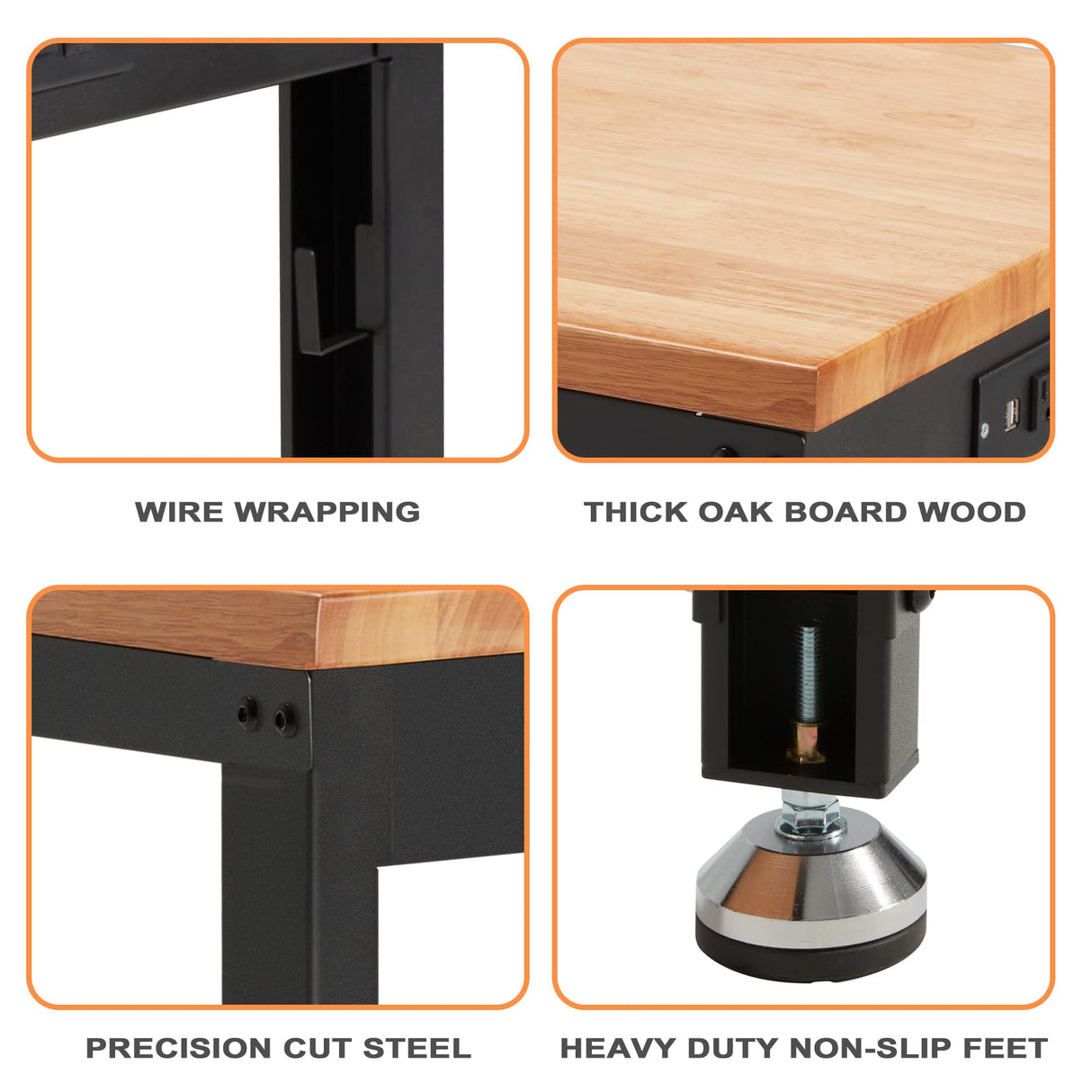 Haddockway Adjustable Workbench for Garage,48"x 24" Rubber Wood Top Work Bench with Power Outlets, Max 2000 Lbs Load Capacity Heavy Duty Workstation Haddockway