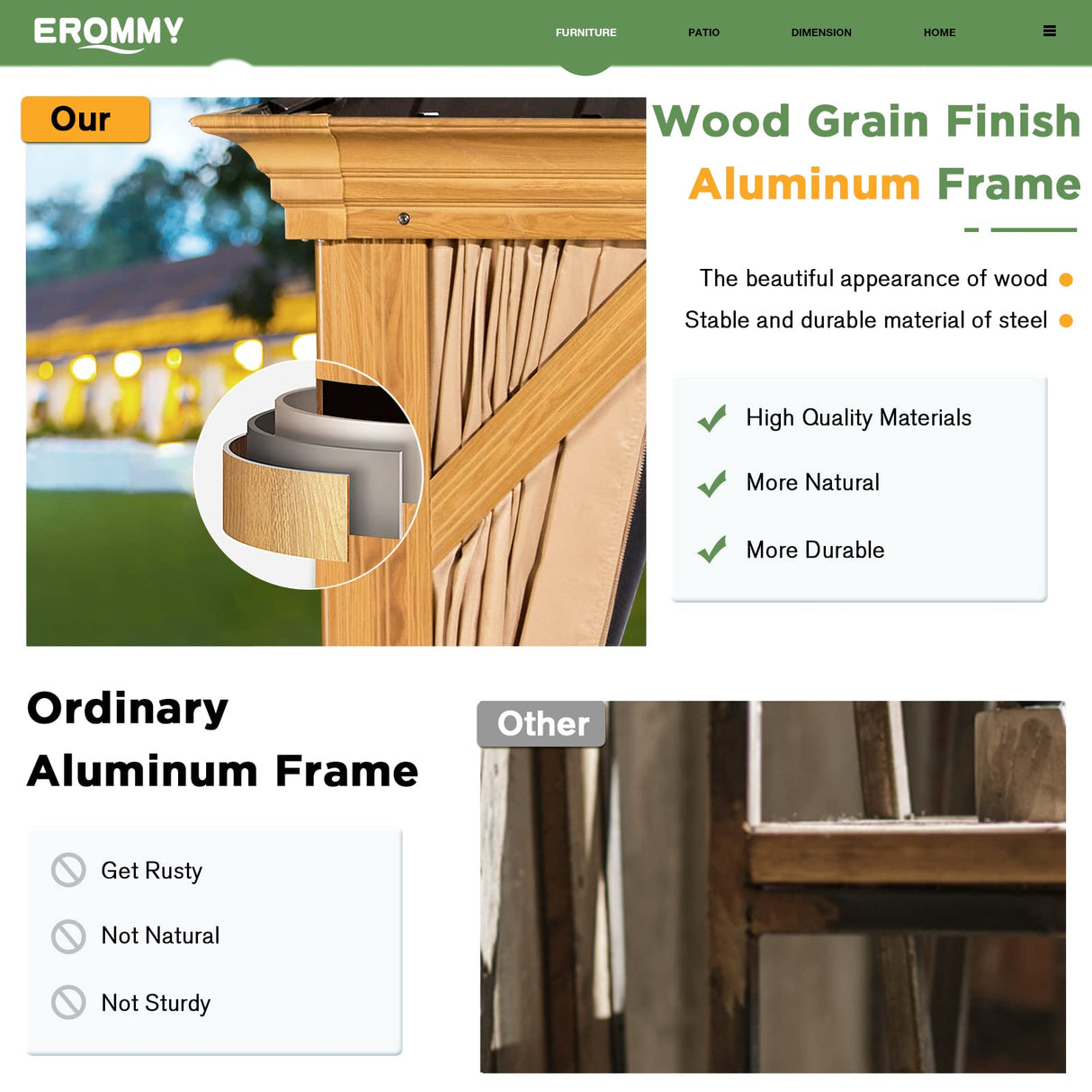 EROMMY 12'x16' Hardtop Gazebo, Wooden Finish Coated Aluminum Frame Gazebo with Galvanized Steel Roof, Outdoor Metal Gazebos with Curtains and EROMMY