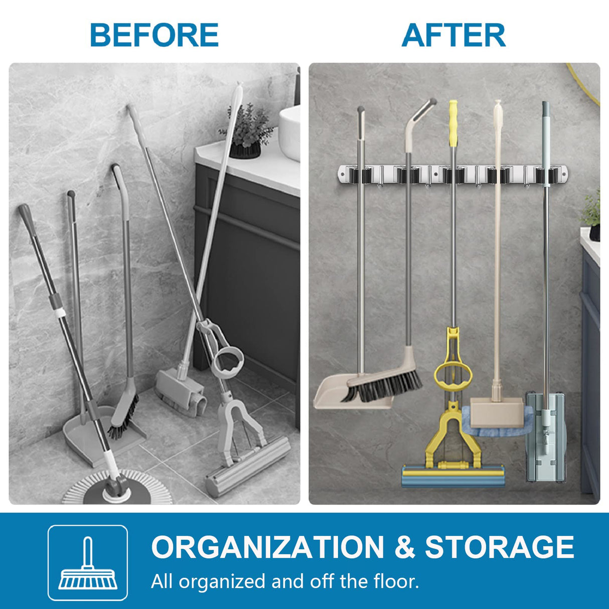 IMILLET 2 Pack Wall Mount Broom Holder Stainless Steel 5 Racks with 4 Hooks Broom Organizer Self Adhesive Heavy Duty Laundry Room, Garage IMILLET