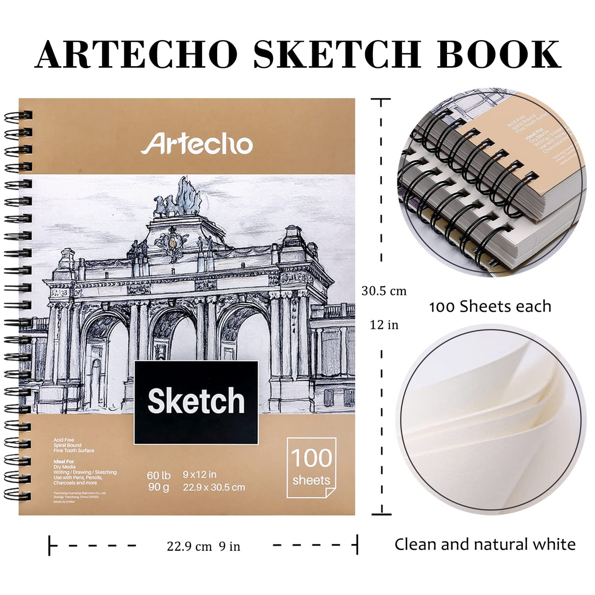 Artecho Sketch Book 9 x 12 Inch, 100 Sheets 90gsm, Pack of 2, Spiral Sketchbook, Hardcover Sketchbook, Acid Free Sketch Paper, Sketch Pad, Sketchbook Artecho