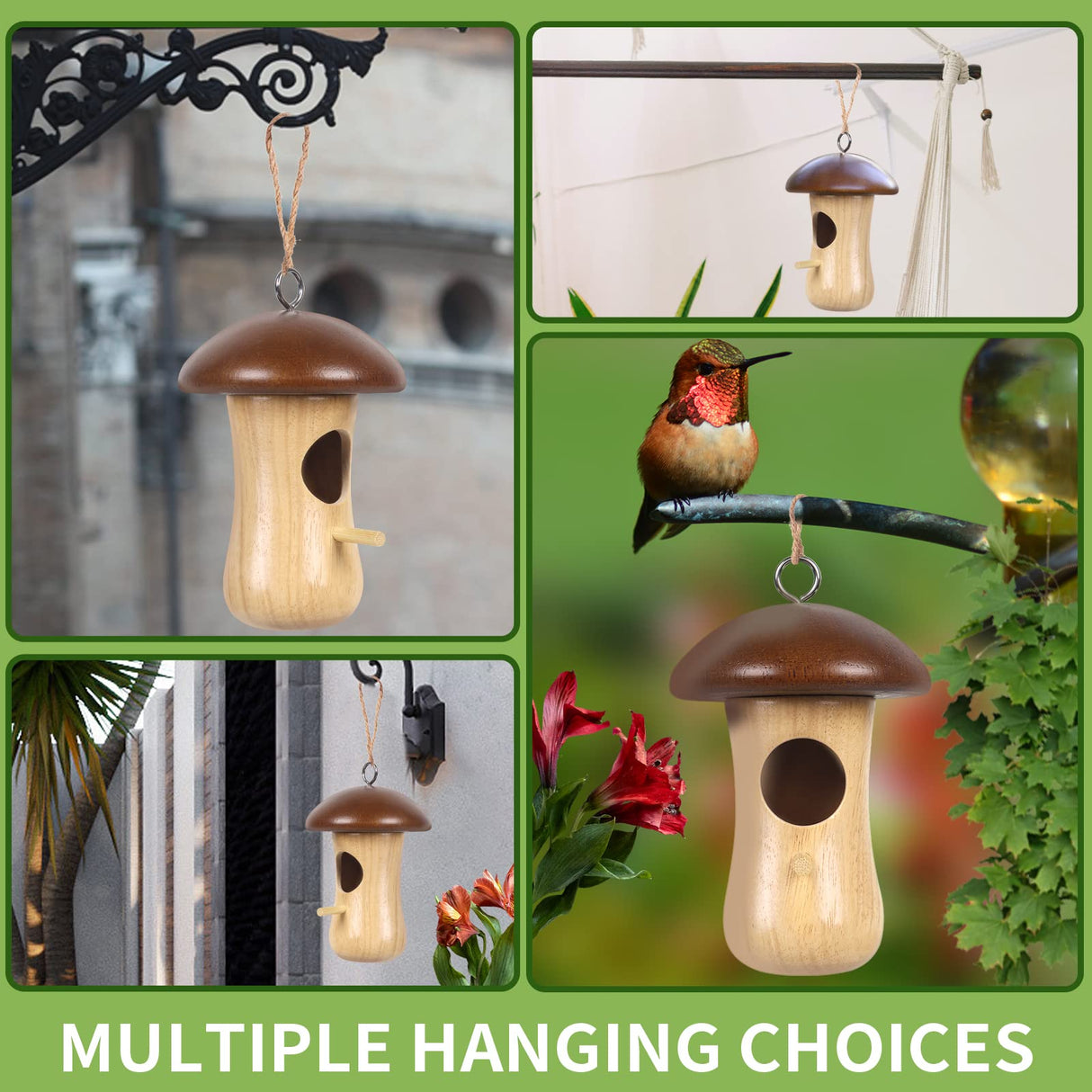 Hummingbird House,2023 New Mushroom Wooden Hummingbird Houses for Outside for Nesting, Gardening Gifts,Home Garden Decoration,3 Pack LOTKEY