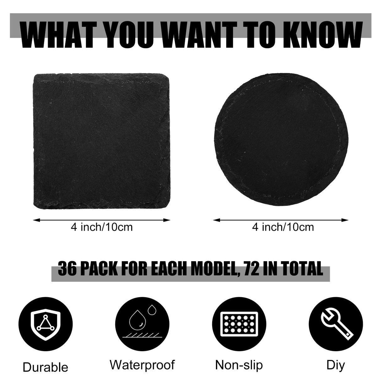 72 Pcs Slate Coasters Bulk 4 x 4 Inch 36 Square Black Stone Coasters 36 Round Drink Coasters Handmade Bar Coasters Natural Edge Cup Coaster with Anti Hoolerry