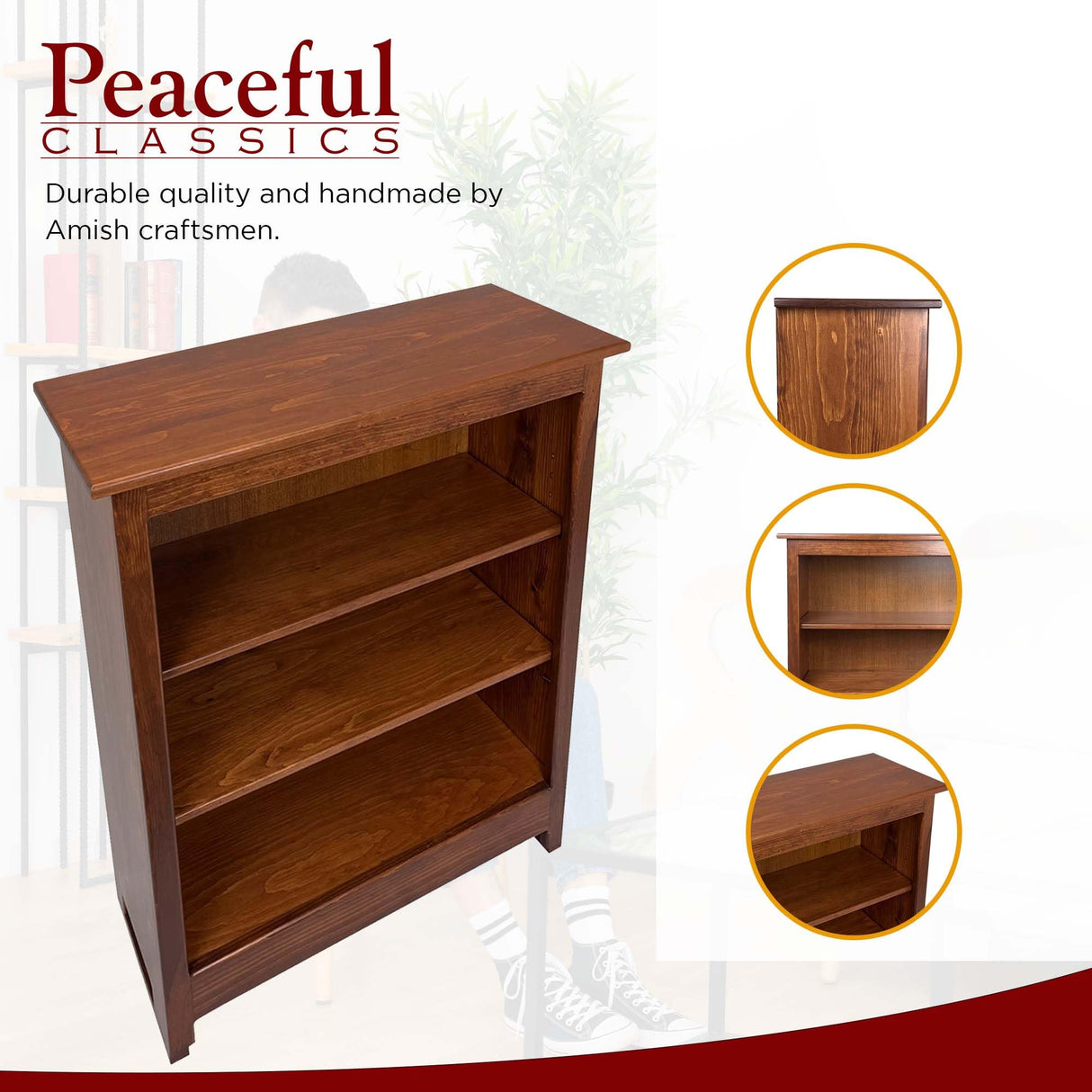 3-Tier Adjustable Wooden Bookcase in Cherry - Versatile Storage for Any Space Peaceful Classics