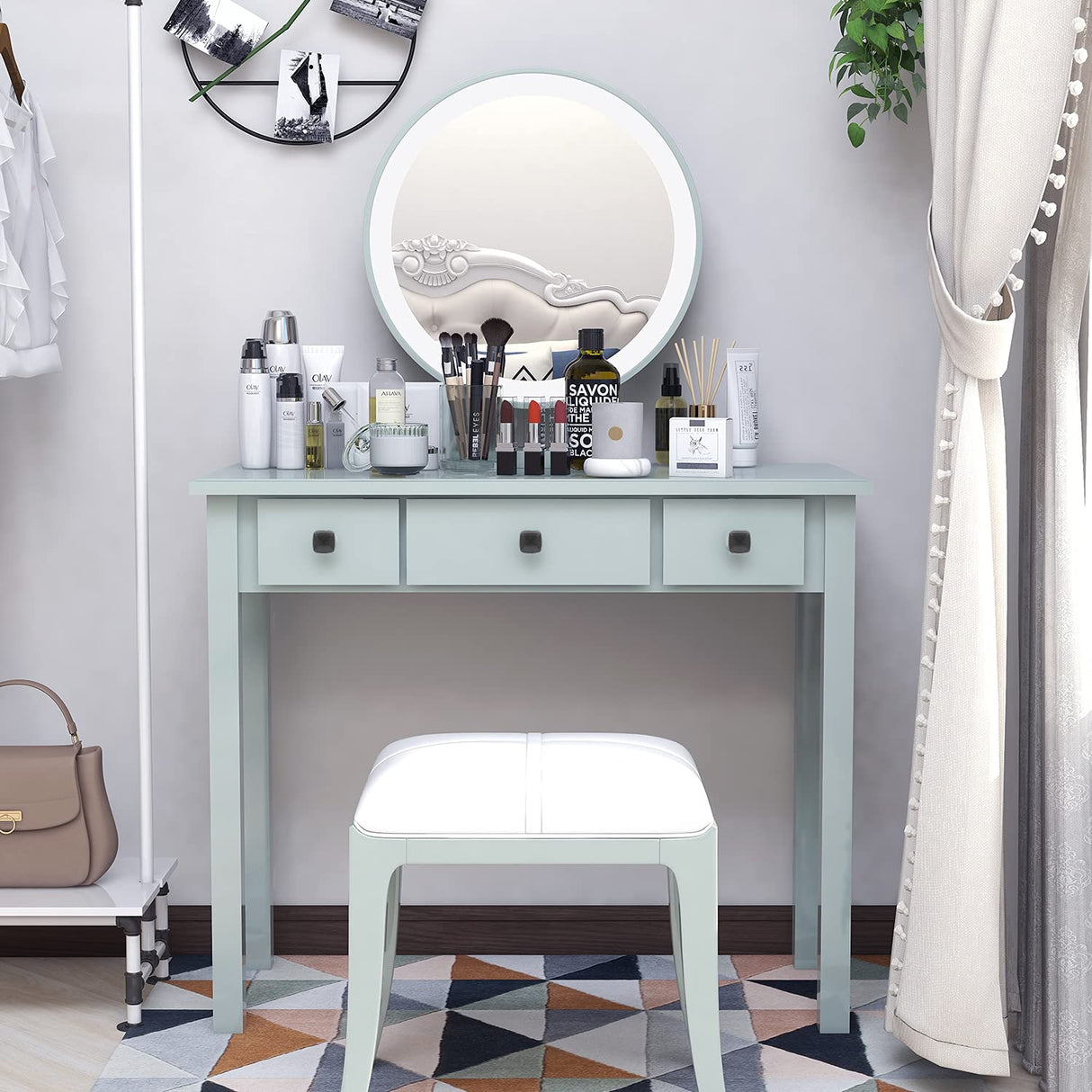 STHOUYN Home Office Small Writing Desk with Drawers Bedroom, Study Table for Adults/Student, Vanity Makeup Dressing Table Save Space Gifts Green STHOUYN