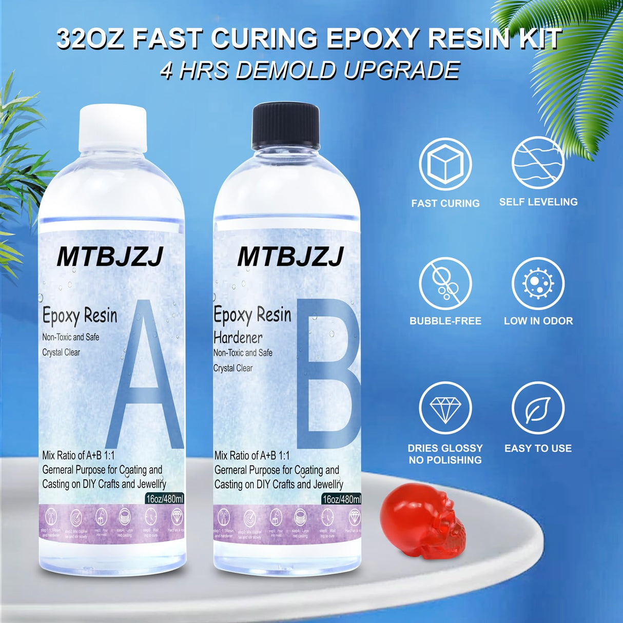 MTBJZJ 32OZ Quick Curing Epoxy Resin - 4 Hrs Demold Upgrade - Clear & Bubble Free Epoxy - Fast Demold 1:1 Mix Resin - High Hardness for Art, Jewelry, MTBJZJ