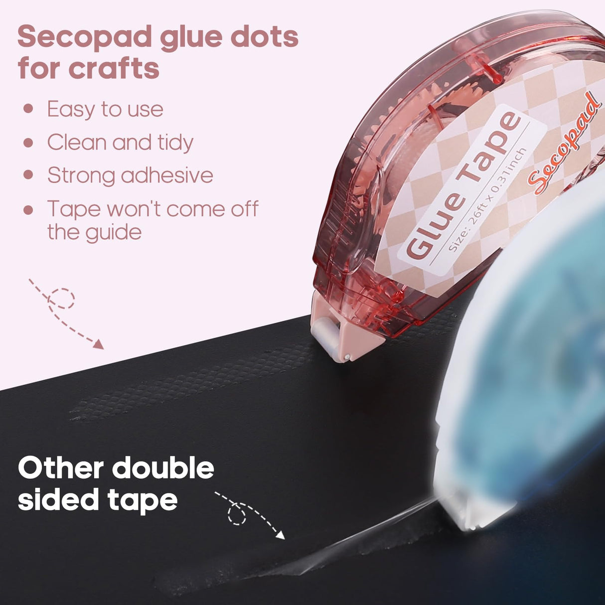 Secopad Scrapbook Tape, 4 Pack Double Sided Tape Roller for Crafts, Sticky Glue Tape Runner Scrapbooking Supplies for Kids and Adults, 0.3IN x 26FT Secopad