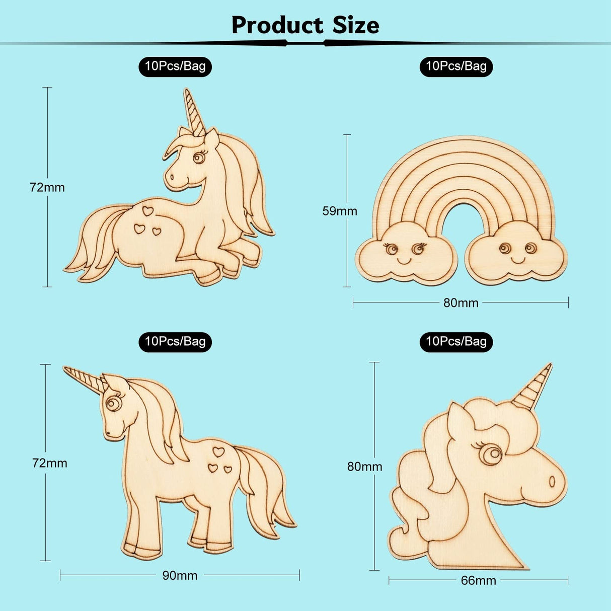 KitBeads 40pcs Unicorn Wood Cutouts Laser Cut Wood Rainbow Unfinished Animal Horse Unicron Wood Piece Ornaments for Crafts DIY Bulk KitBeads
