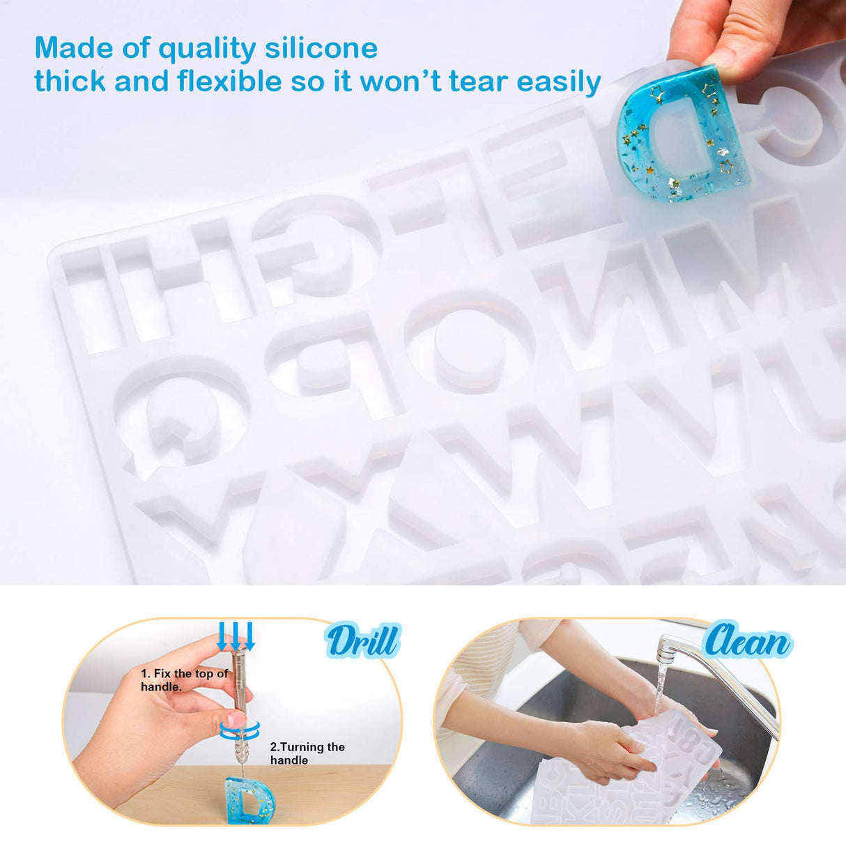 Mocoosy 134Pcs Alphabet Keychain Resin Molds Kit, Reversed Letter Number Silicone Mold Epoxy Resin Casting Molds Key Chain Making Set with 1 Hand Mocoosy