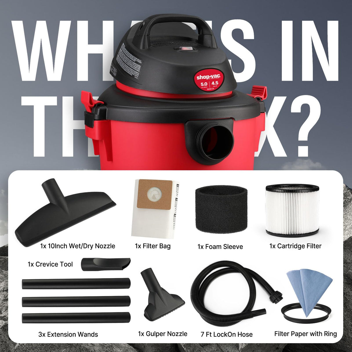 Shop-Vac 5 Gallon 4.5 Peak HP Wet/Dry Vacuum, Portable Heavy-Duty Shop Vacuum 3 in 1 Function with Attachments for House, Garage, Car & Workshop, Shop-Vac