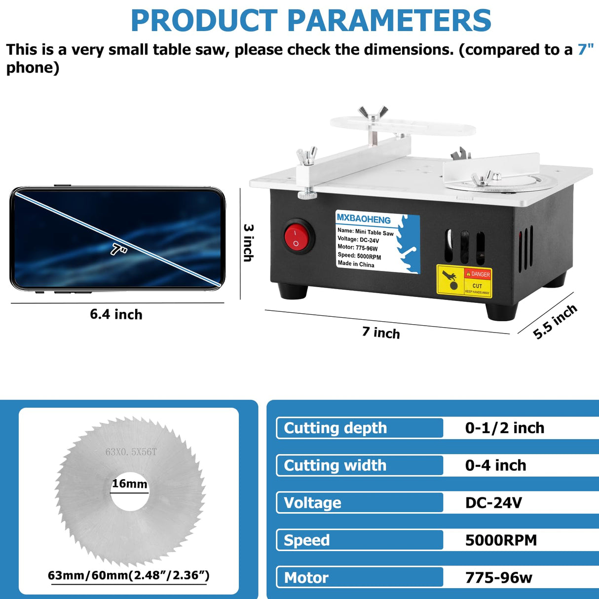 MXBAOHENG Mini Table Saw S2 Portable Precision Table Saws for Crafts, 1/2" Cut Depth, w/ 4 Blades, 96W Adjustable Speed Power Supply, for Wood Metal MXBAOHENG