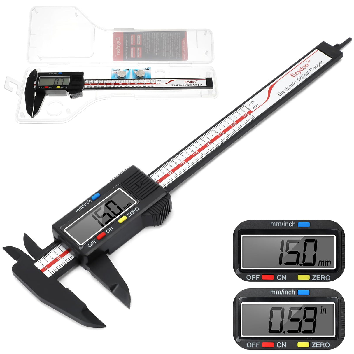 Digital Caliper, Esydon Upgraded Calipers 6 inch, Measuring Tool, Electronic Ruler, with Large LCD Screen, Auto-Off Feature, Inch and Millimeter Esydon